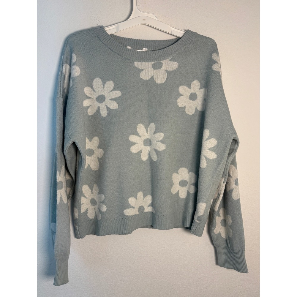 No Boundaries Blue Daisy Floral Knit Crewneck Sweater Plus Size XXXL 21